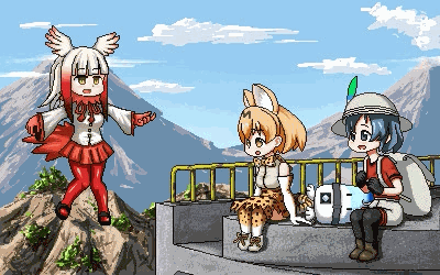 animal_ears animated animated_gif backpack bag bangs blunt_bangs bow bowtie bucket_hat crested_ibis cross-laced_clothes elbow_gloves feather-trimmed_sleeves flying fur_collar ggxfan gloves hat hat_feather head_wings japanese_crested_ibis_(kemono_friends) kaban_(kemono_friends) kemono_friends lowres multicolored_hair pleated_skirt red_shirt serval_(kemono_friends) serval_ears serval_print serval_tail shirt skirt sleeveless sleeveless_shirt striped_tail tail