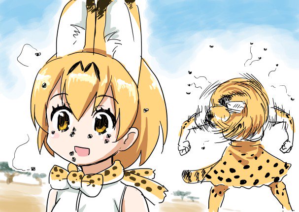 1girl :d animal_ears bangs blonde_hair blush clenched_hands commentary_request elbow_gloves eyebrows_visible_through_hair fly gloves kemono_friends monbetsu_kuniharu motion_lines open_mouth outdoors serval_(kemono_friends) serval_ears serval_print serval_tail short_hair skirt sleeveless smile tail tree yellow_eyes