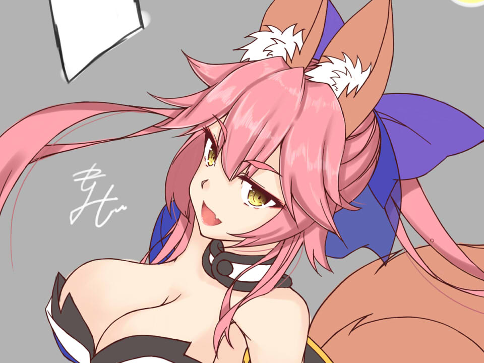 1girl animal_ears breasts cleavage detached_sleeves fang fate/extra fate/grand_order fate_(series) fox_ears fox_tail graphite_(medium) grey_background hair_ribbon japanese_clothes large_breasts mechanical_pencil open_mouth oukasirayami pencil pink_hair ribbon simple_background solo tail tamamo_(fate)_(all) tamamo_no_mae_(fate) traditional_media yellow_eyes