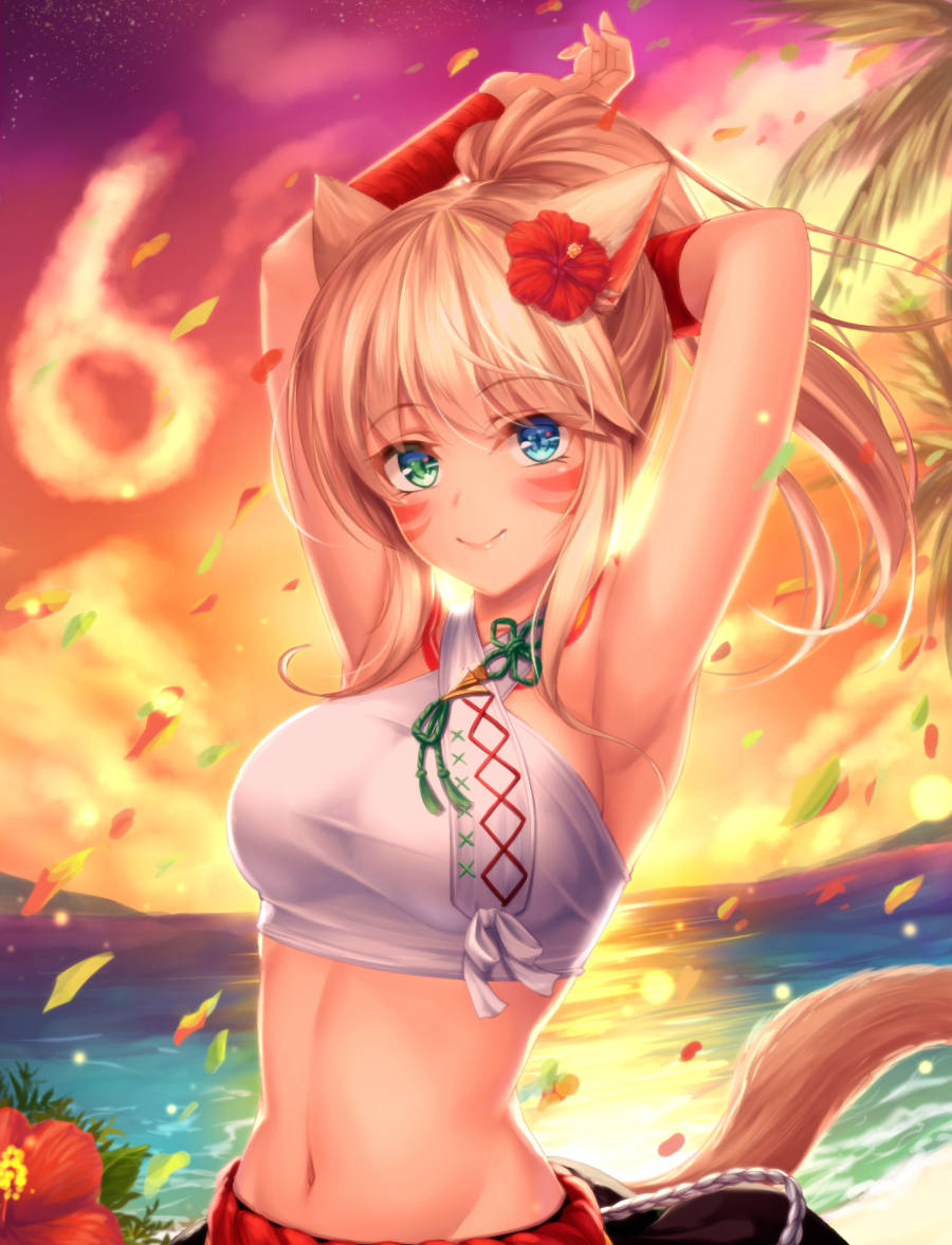 1girl animal_ears armpits arms_behind_head arms_up backlighting bandage bandaged_arm bangs blonde_hair blue_eyes blush cat_ears cat_tail closed_mouth clouds commentary_request criss-cross_halter evening eyebrows_visible_through_hair final_fantasy final_fantasy_xiv flower green_eyes hair_flower hair_ornament halterneck heterochromia hibiscus horizon long_hair looking_at_viewer miqo'te navel orange_sky outdoors palm_tree petals ponytail reflection sidelocks sky sleeveless smile stomach sunlight tail tareme tiphereth tree upper_body water wind