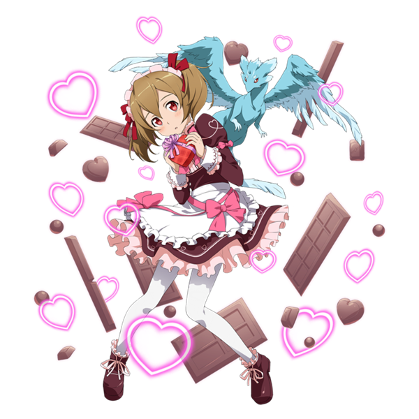 1girl apron bow brown_hair dress full_body hair_ribbon heart holding long_hair looking_at_viewer maid_headdress pantyhose parted_lips pina_(sao) pink_bow red_eyes red_ribbon ribbon short_dress silica solo standing sword_art_online transparent_background twintails white_apron white_legwear