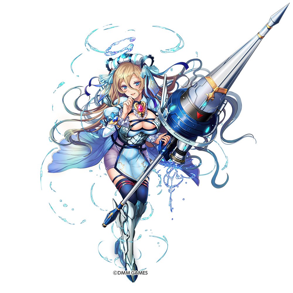 1girl bangs blonde_hair blue_eyes blue_legwear blush breasts cleavage commentary_request copyright_name detached_collar detached_sleeves eyebrows_visible_through_hair full_body hair_ornament holding holding_weapon juliet_sleeves kami_project large_breasts long_hair long_sleeves looking_at_viewer official_art open_mouth polearm puffy_sleeves simple_background smile solo spear thigh-highs water weapon zettai_ryouiki