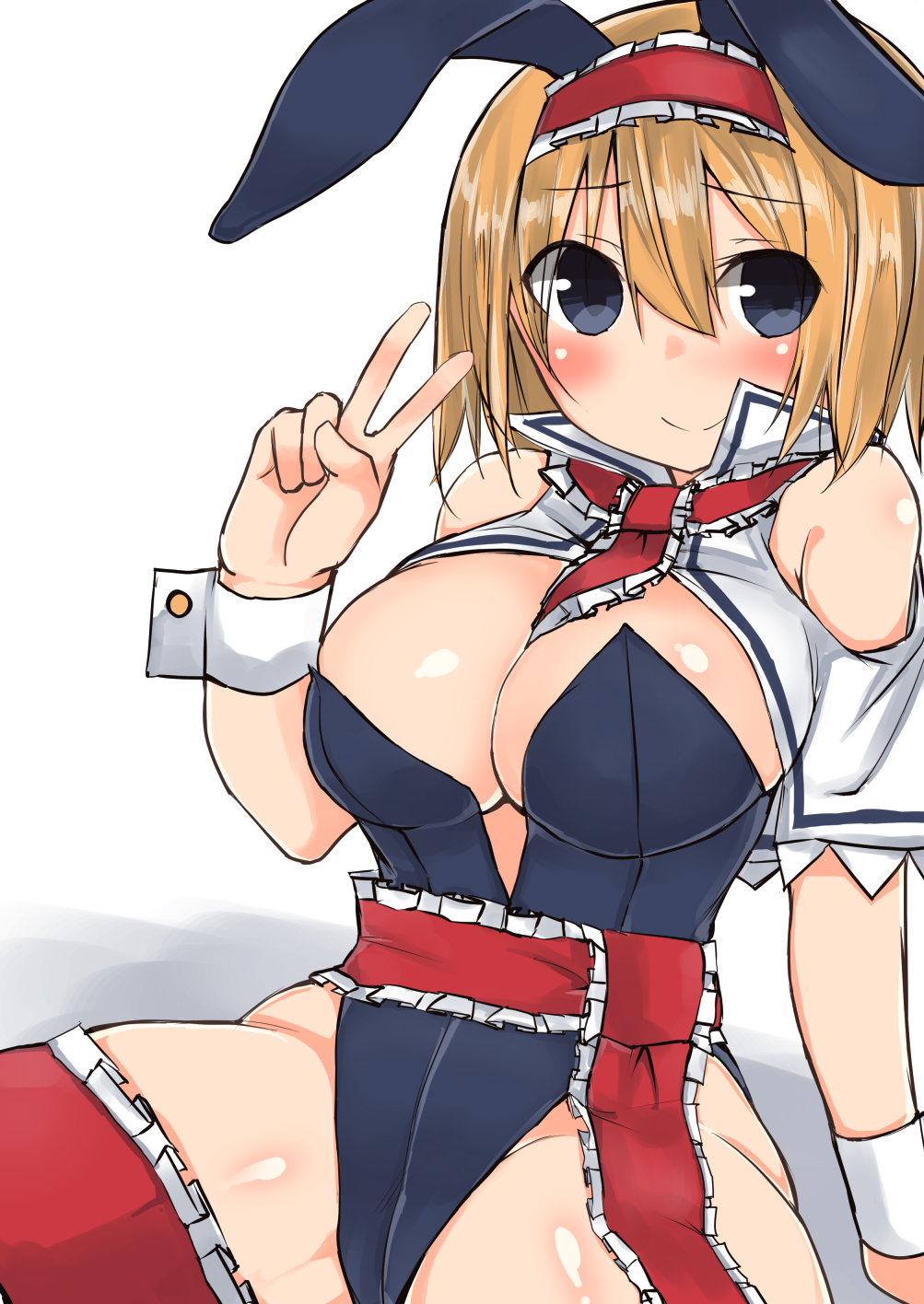 1girl alice_margatroid animal_ears bangs black_eyes blonde_hair blush breasts bunny_girl bunnysuit capelet cleavage closed_mouth commentary_request cowboy_shot eyebrows_visible_through_hair fake_animal_ears frills golgi_hon hair_between_eyes hairband highres large_breasts long_hair looking_at_viewer rabbit_ears short_hair sitting smile solo touhou v wrist_cuffs