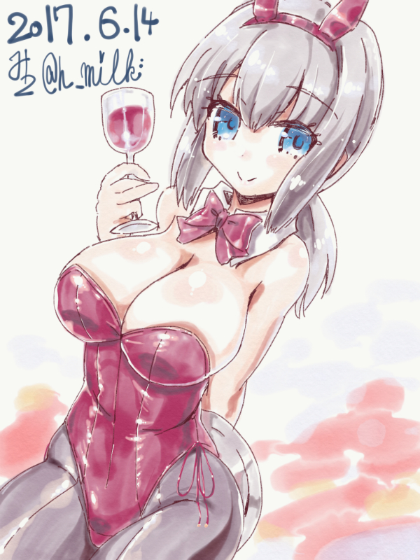 1girl 2017 alternate_breast_size animal_ears bare_shoulders blue_eyes bow bowtie breasts bunnysuit cleavage cowboy_shot cup dated detached_collar drinking_glass fubuki_(kantai_collection) grey_hair kantai_collection large_breasts leotard looking_at_viewer low_ponytail miuku_(marine_sapphire) pantyhose ponytail rabbit_ears red_bow red_bowtie red_leotard short_ponytail sidelocks signature simple_background smile solo strapless strapless_leotard tray twitter_username white_background wine_glass wrist_cuffs