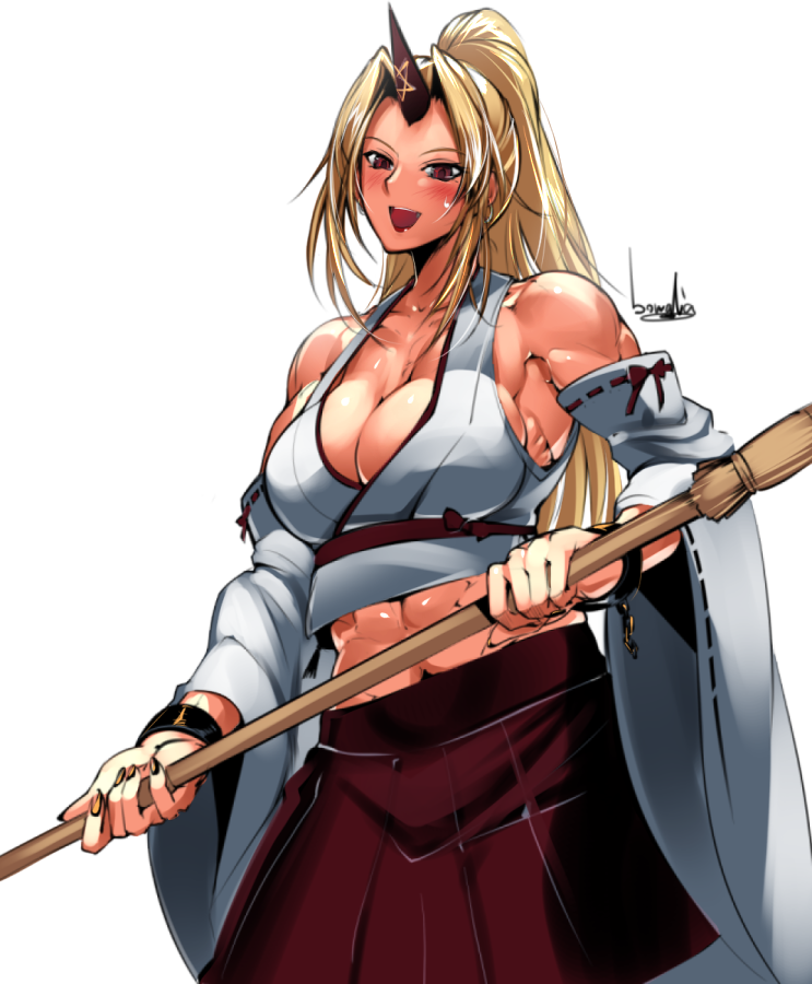 1girl abs alternate_costume alternate_hairstyle artist_name blonde_hair bowalia breasts broom cleavage detached_sleeves horn hoshiguma_yuugi japanese_clothes large_breasts long_hair long_sleeves looking midriff miko muscle muscular_female open_mouth ponytail red_eyes signature solo sweat touhou wide_sleeves