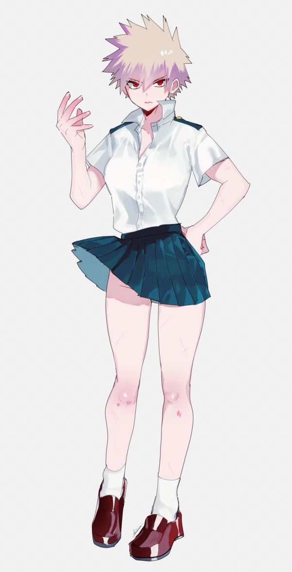 1girl bakugou_katsuki bare_legs boku_no_hero_academia breasts full_body genderswap genderswap_(mtf) groin hand_on_hip legs looking_at_viewer medium_breasts no_panties red_eyes school_uniform scratches shoco_(sco_labo) short_sleeves skirt solo spiky_hair wind wind_lift