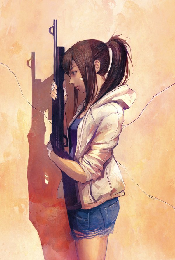 1girl bandage bandaged_hands blue_shirt blue_shorts brown_hair closed_mouth cover cover_page cowboy_shot day denim denim_shorts from_side gun holding holding_gun holding_weapon hood hooded_jacket jacket lips long_sleeves medium_hair nose open_clothes open_jacket original ponytail profile rifle shadow shirt shorts sleeves_pushed_up solo standing sunlight wataboku weapon white_jacket
