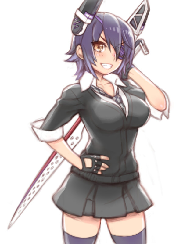 1girl black_skirt breasts brown_eyes checkered checkered_necktie cowboy_shot eyepatch fingerless_gloves folks_(nabokof) gloves grin hand_on_hip headgear holding holding_sword holding_weapon kantai_collection looking_at_viewer medium_breasts necktie purple_hair school_uniform short_hair skirt sleeves_folded_up smile solo standing sword tenryuu_(kantai_collection) thigh-highs weapon white_background