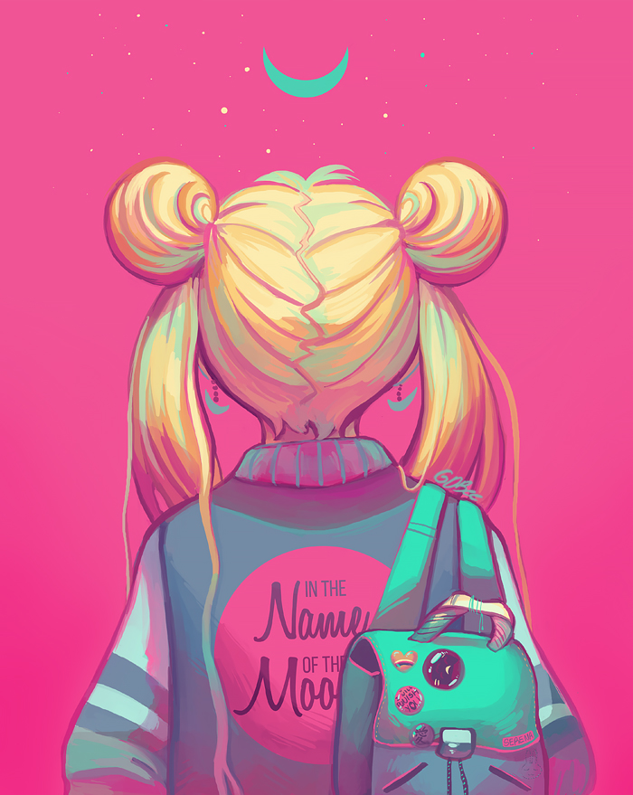 1girl backpack bag bishoujo_senshi_sailor_moon blonde_hair casual crescent crescent_earrings crescent_moon double_bun earrings from_behind geneva_b jacket jewelry moon pin pink_background signature solo tsukino_usagi twintails upper_body