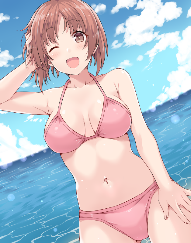 1girl arm_up bangs bikini blush breasts brown_hair clouds collarbone commentary_request day dutch_angle eyebrows_visible_through_hair girls_und_panzer hand_on_own_head hand_on_own_leg hasu_(hk_works) looking_at_viewer medium_breasts navel nishizumi_miho one_eye_closed open_mouth outdoors parted_bangs pink_bikini shiny shiny_skin short_hair sky solo standing swimsuit water