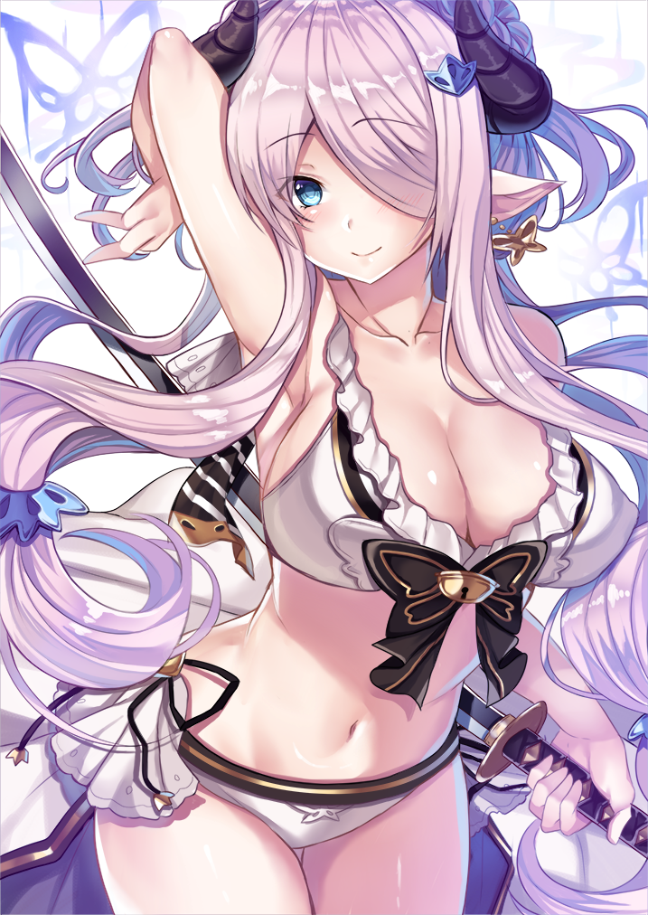 1girl arm_up bad_arm bikini blue_eyes blush breasts butterfly_earrings cleavage closed_mouth collarbone cowboy_shot doraf earrings error granblue_fantasy hair_over_one_eye holding holding_sword holding_weapon horns jewelry katana kurata_muto large_breasts looking_at_viewer narumeia_(granblue_fantasy) pointy_ears purple_hair smile solo swimsuit sword weapon white_bikini