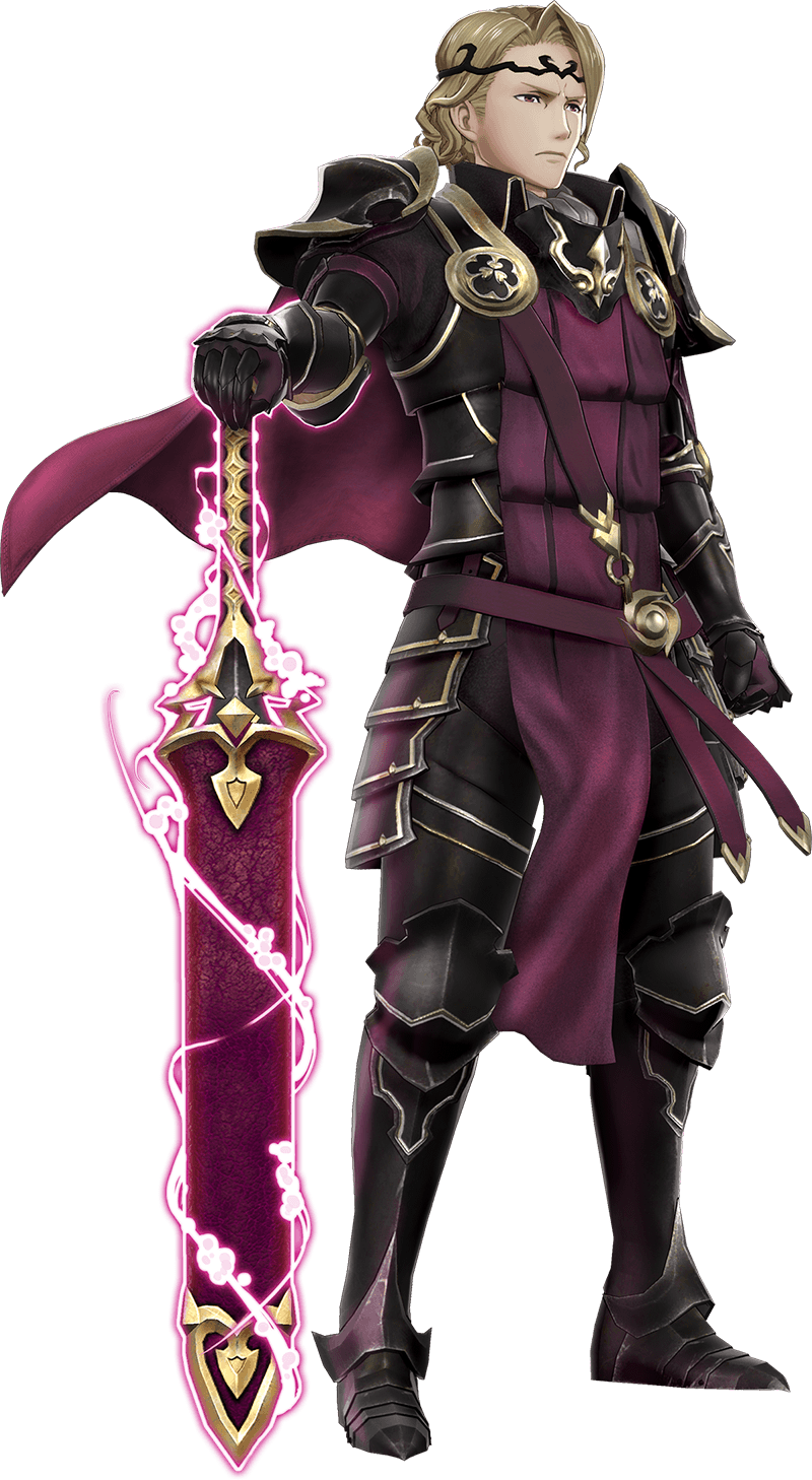 1boy armor attack belt blonde_hair cape circlet fire_emblem fire_emblem_if fire_emblem_musou full_body gauntlets glowing glowing_weapon highres holding holding_sword holding_weapon male_focus marks_(fire_emblem_if) official_art red_eyes serious shoulder_pads siegfried_(sword) solo sword transparent_background weapon