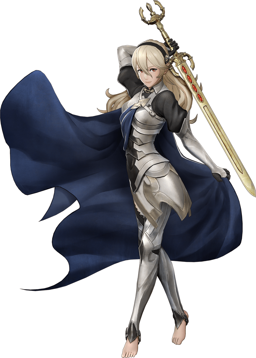 1girl armor barefoot cape female_my_unit_(fire_emblem_if) fire_emblem fire_emblem_if fire_emblem_musou full_body hair_ornament hairband highres long_hair looking_at_viewer my_unit_(fire_emblem_if) official_art pointy_ears red_eyes silver_hair solo sword transparent_background weapon