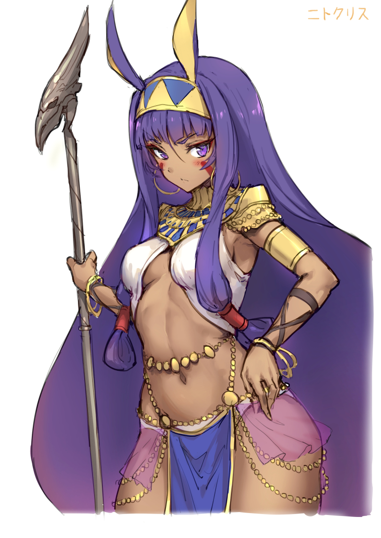 1girl armlet blush bracelet breasts character_name dark_skin detached_collar earrings egyptian egyptian_clothes facepaint fate/grand_order fate_(series) frown hair_tubes hairband hand_on_hip haoni holding holding_staff hoop_earrings jewelry long_hair looking_at_viewer looking_to_the_side midriff navel nitocris_(fate/grand_order) purple_hair sidelocks small_breasts staff stomach under_boob very_long_hair violet_eyes