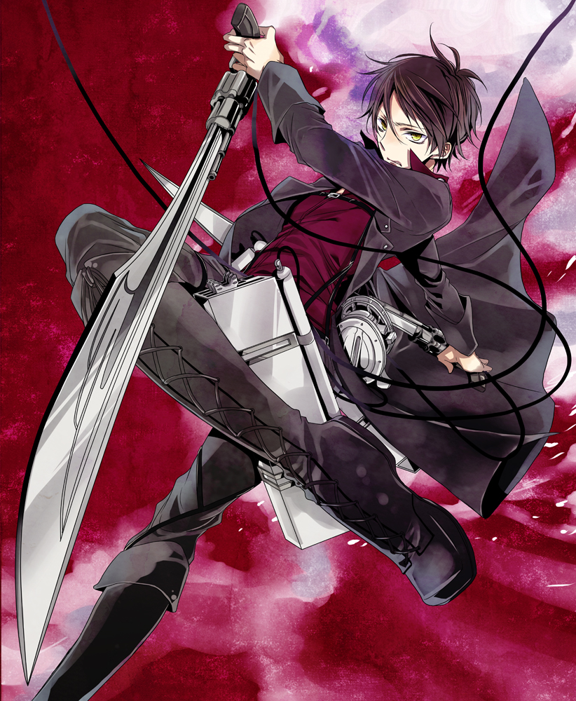1boy alternate_costume black_cape black_hair black_pants cape dress_shirt eren_yeager from_below hair_between_eyes holding holding_sword holding_weapon pants parted_lips red_background red_shirt ryookko shingeki_no_kyojin shirt solo sword three-dimensional_maneuver_gear weapon yellow_eyes