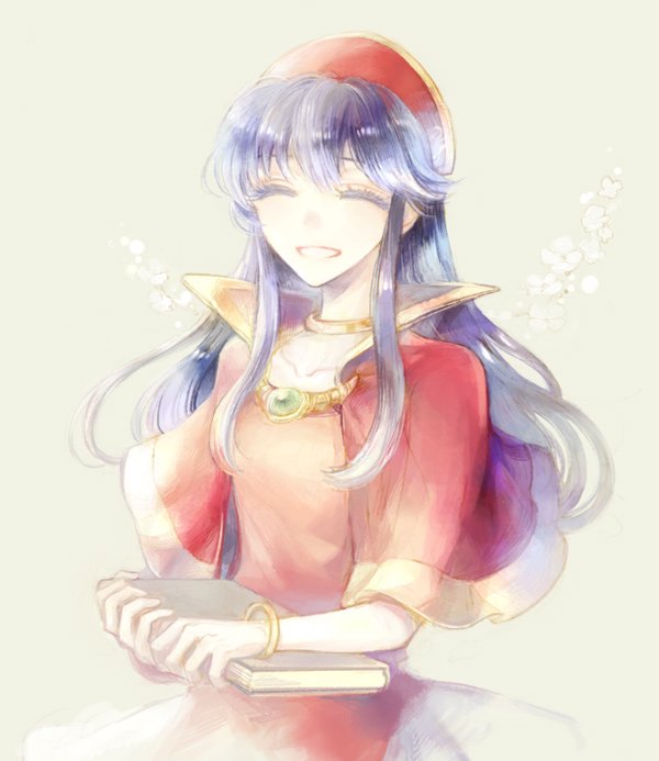 1girl blue_hair blush book closed_eyes dress fire_emblem fire_emblem:_fuuin_no_tsurugi hat jewelry kuzumosu lilina long_hair simple_background smile solo