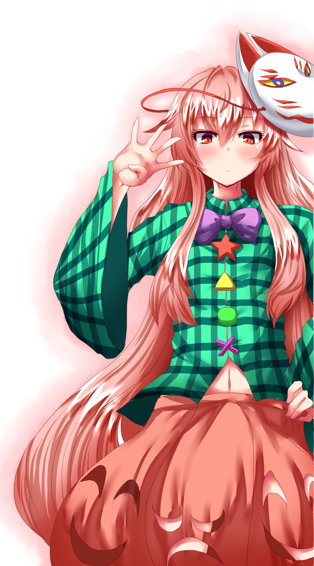 1girl blush bow bowtie bubble_skirt closed_mouth cowboy_shot expressionless fox_mask hair_between_eyes hand_on_hip hata_no_kokoro highres long_hair long_sleeves looking_at_viewer mask mask_on_head navel pink_hair pink_skirt plaid plaid_shirt purple_bow purple_bowtie red_eyes shirt sidelocks skirt solo touhou very_long_hair wide_sleeves zan_(harukahime)