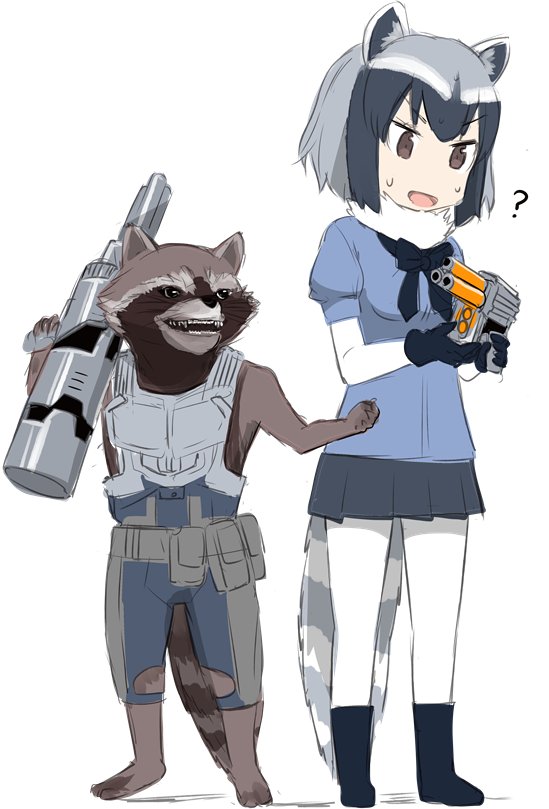 &gt;:d 1girl :d ? animal_ears commentary_request common_raccoon_(kemono_friends) crossover gloves gochou_(atemonai_heya) guardians_of_the_galaxy gun jpeg_artifacts kemono_friends open_mouth pantyhose raccoon raccoon_ears raccoon_tail rocket_raccoon simple_background skirt smile standing sweatdrop tail trait_connection weapon white_background white_legwear