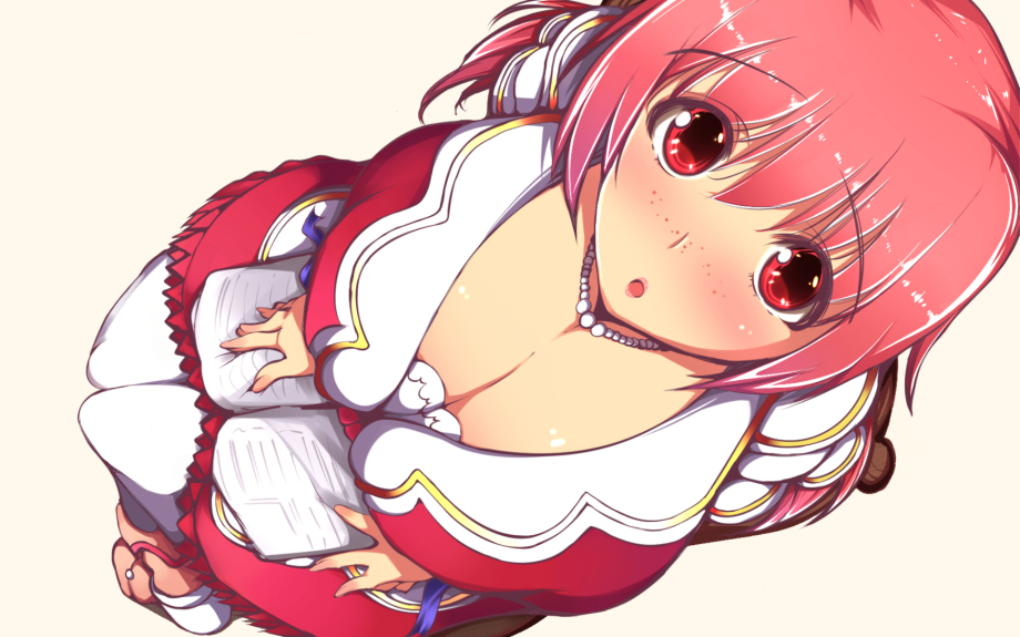 1girl :o blush breasts brown_shoes cleavage flower_knight_girl freckles from_above invisible_chair jewelry large_breasts looking_at_viewer necklace pantyhose red_eyes red_skirt redhead shoes short_hair sitting skirt solo strawberry_candle_(flower_knight_girl) white_background white_legwear yuuichi_(eunoxline)