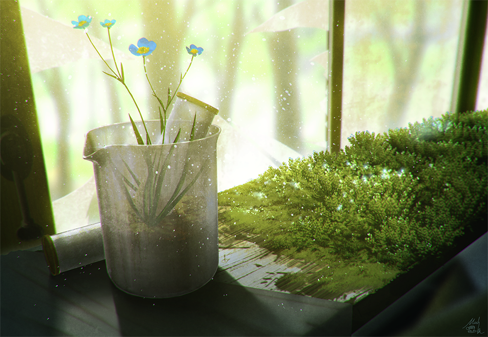 beaker blue_flower blurry broken_window commentary flower indoors light_particles mocha_(cotton) moss no_humans original overgrown plant ruins scenery signature sunlight window windowsill