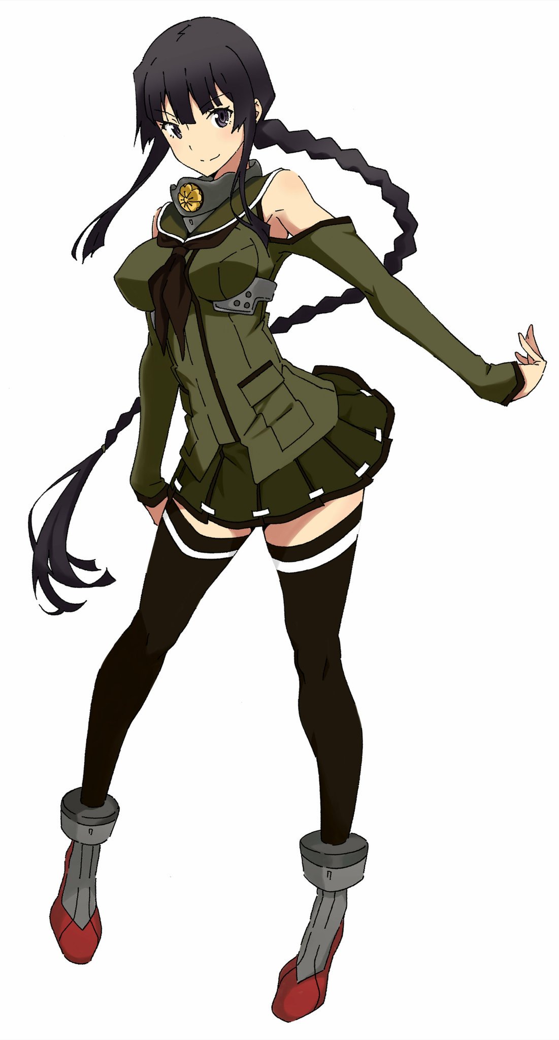 1girl adapted_costume akitetsu alternate_breast_size black_eyes black_hair braid collar cosplay detached_sleeves highres hime_cut kantai_collection kitakami_(kantai_collection) long_hair looking_at_viewer sidelocks smile solo thigh-highs yamato_(kantai_collection) yamato_(kantai_collection)_(cosplay)