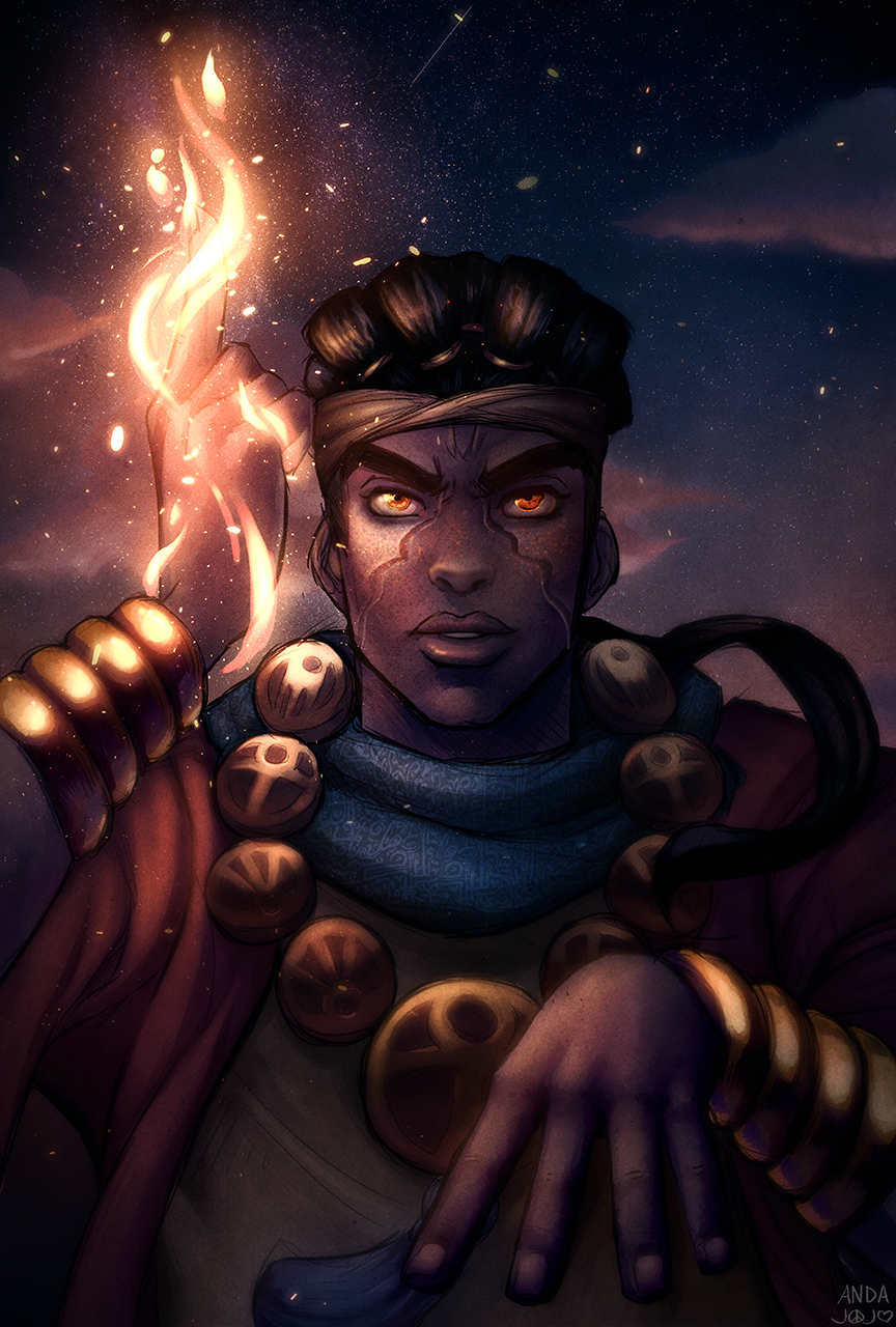 1boy andarix brown_hair dark dark_skin dark_skinned_male embers facial_mark fire headband highres jojo_no_kimyou_na_bouken male_focus mohammed_avdol orange_eyes ponytail signature solo upper_body wrist_cuffs