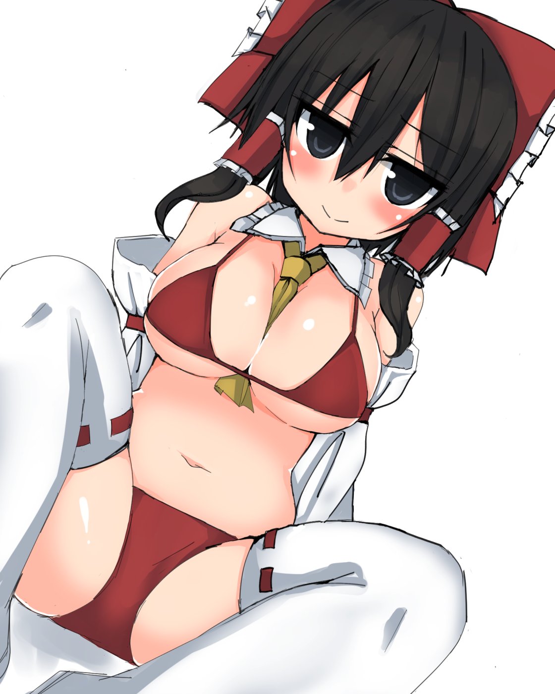 1girl arms_behind_back ascot bangs belly between_breasts bikini blush bow breasts closed_mouth commentary_request detached_collar detached_sleeves dutch_angle eyebrows_visible_through_hair golgi_hon hair_between_eyes hair_bow hair_tubes hakurei_reimu highres jitome large_breasts long_hair looking_at_viewer navel red_bikini red_bow ribbon-trimmed_legwear ribbon_trim short_hair sidelocks simple_background sitting smile solo swimsuit thigh-highs touhou white_background white_legwear