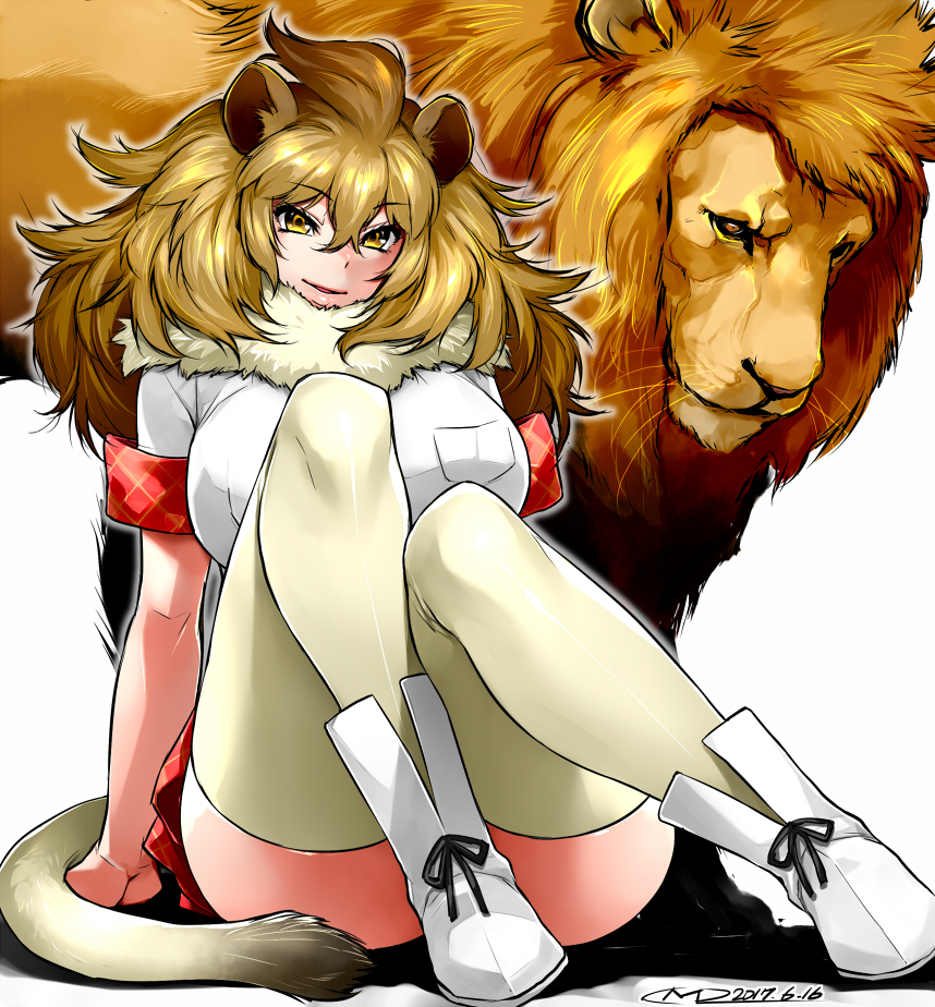 1girl animal_ears arm_support blonde_hair boots breasts fur_collar happa_(cloverppd) kemono_friends large_breasts lion lion_(kemono_friends) lion_ears lion_tail long_hair looking_at_viewer short_sleeves simple_background sitting skirt smile tail thigh-highs white_background yellow_eyes