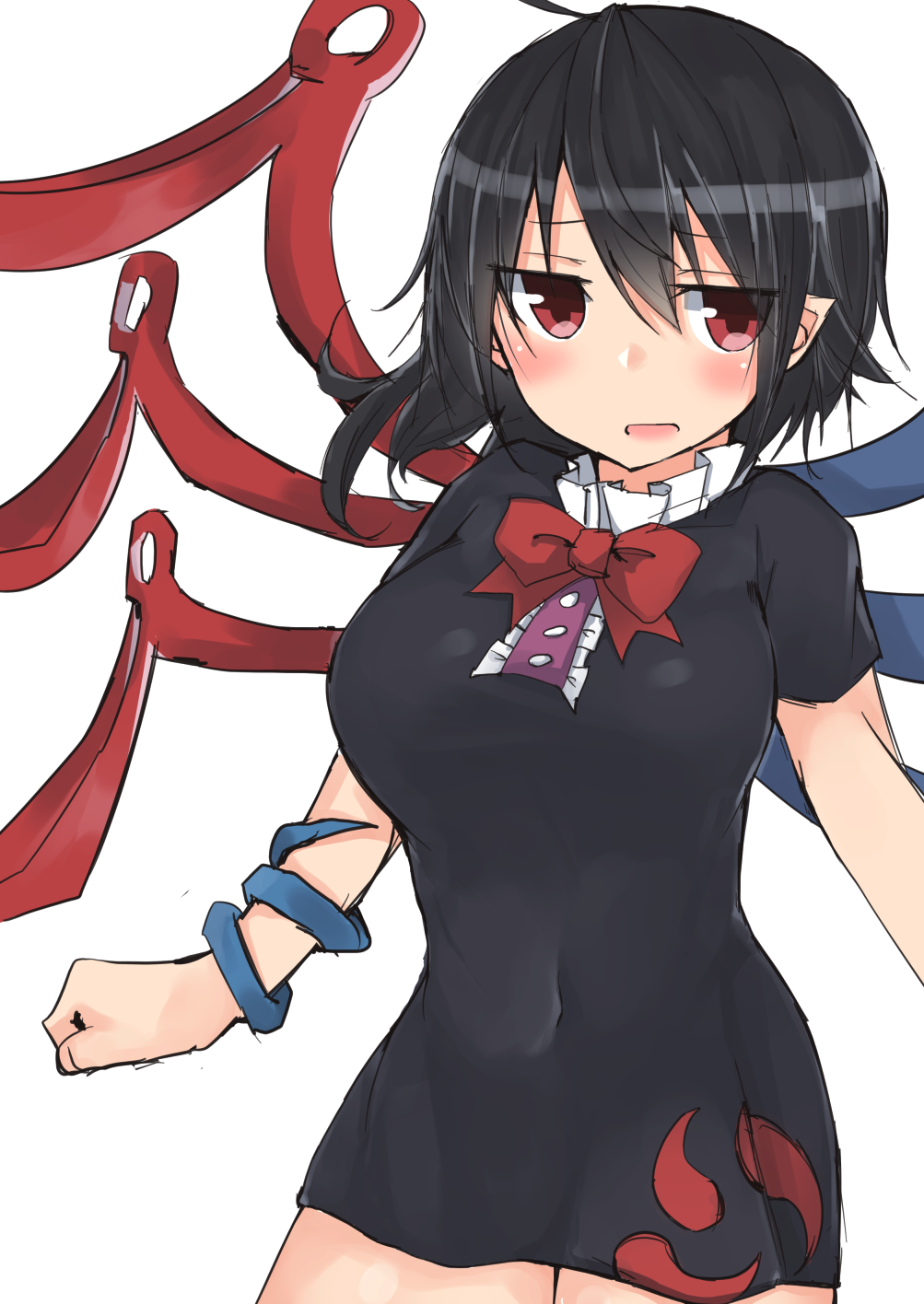 1girl bangs black_dress black_hair blush bow bowtie breasts clenched_hand covered_navel cowboy_shot dress eyebrows_visible_through_hair frills golgi_hon hair_between_eyes highres houjuu_nue large_breasts looking_at_viewer open_mouth pointy_ears red_bow red_bowtie red_eyes short_hair short_sleeves simple_background solo touhou white_background