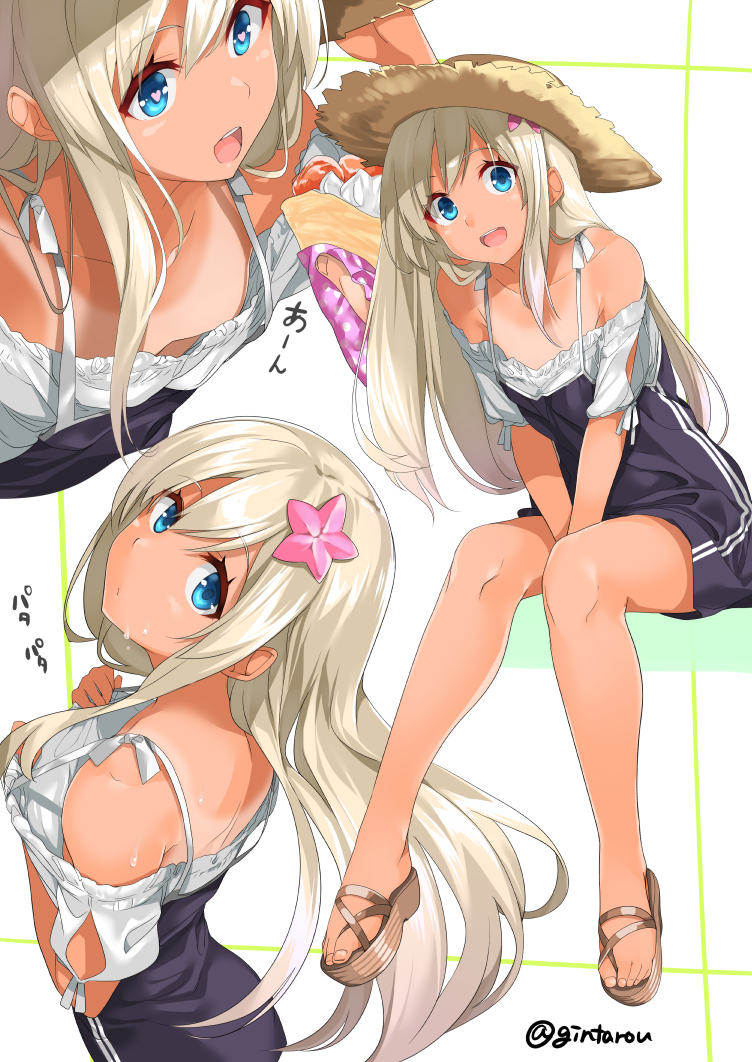 1girl adapted_costume bare_legs between_legs blue_dress blue_eyes crepe downblouse dress food gintarou_(kurousagi108) hat heart heart-shaped_pupils kantai_collection leaning_forward long_hair looking_at_viewer multiple_views one-piece_tan open_mouth ro-500_(kantai_collection) smile starfish sun_hat sweat swimsuit symbol-shaped_pupils tan tanline twitter_username v_arms white_hair
