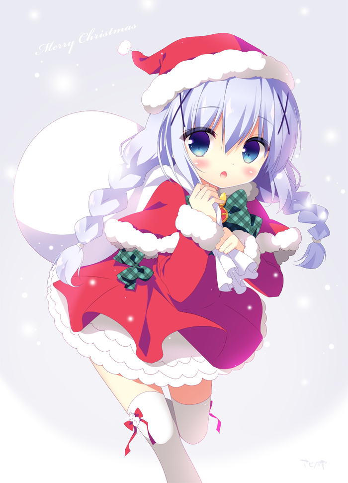 1girl blue_eyes blue_hair braid christmas dress gochuumon_wa_usagi_desu_ka? hair_ornament hairclip hat kafuu_chino long_hair open_mouth sack santa_costume santa_hat sasai_saji solo standing standing_on_one_leg thigh-highs twin_braids twintails white_legwear