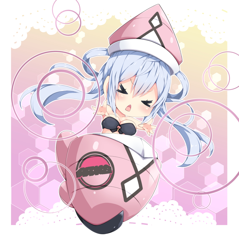 &gt;_&lt; 1girl bangs black_bra blush bra breasts chestnut_mouth chibi circle cleavage closed_eyes collarbone commentary cosplay cup doily gradient gradient_background hair_rings hat hexagon in_container in_cup long_hair matoi_(pso2) milkpanda minigirl open_mouth outstretched_arms phantasy_star phantasy_star_online_2 pink_hat pokemon pokemon_(game) pokemon_sm silver_hair solo strapless strapless_bra tapu_lele tapu_lele_(cosplay) twintails two-tone_background underwear