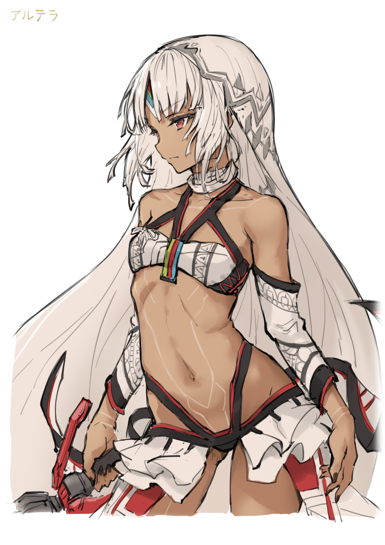 1girl altera_(fate) bandeau bangs breasts contrapposto cowboy_shot dark_skin eyebrows_visible_through_hair fate/extella fate/extra fate/grand_order fate_(series) grey_hair haoni holding holding_sword holding_weapon long_hair looking_to_the_side navel red_eyes simple_background sketch small_breasts solo sword thighs weapon white_background