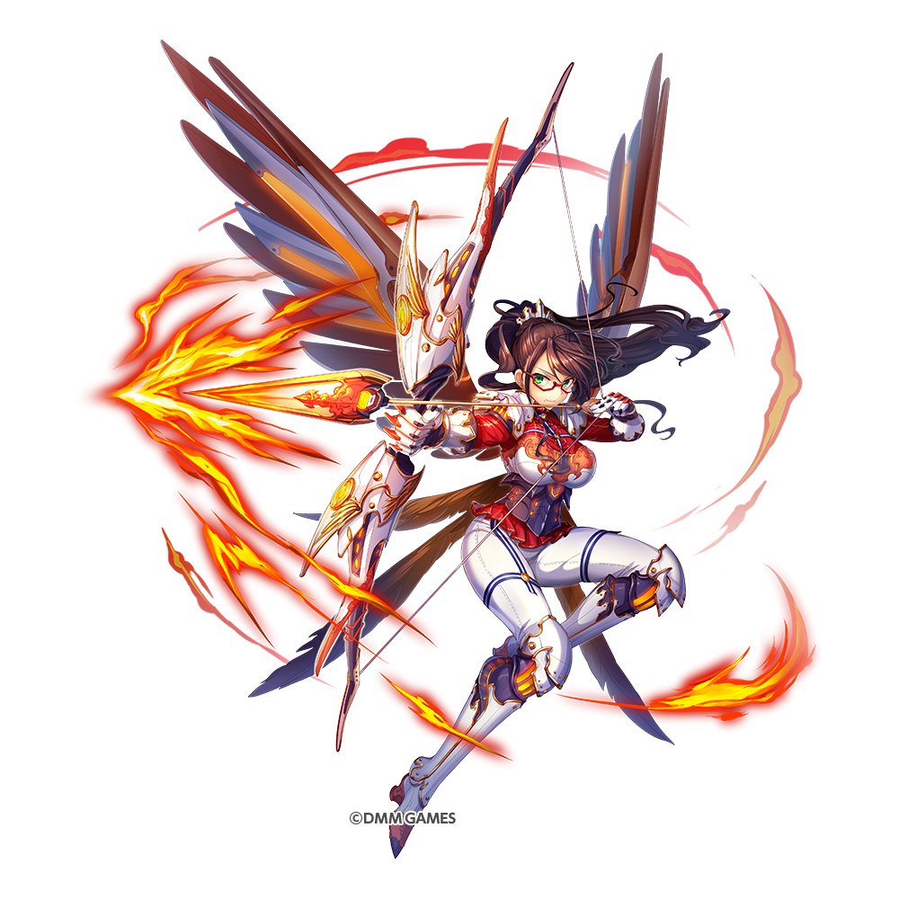 1girl armor arrow breastplate brown_hair commentary_request copyright_name fire full_body glasses gloves green_eyes holding holding_bow_(weapon) holding_weapon jpeg_artifacts kami_project long_hair mole mole_under_mouth official_art pants ponytail simple_background solo thigh-highs weapon white_background wings