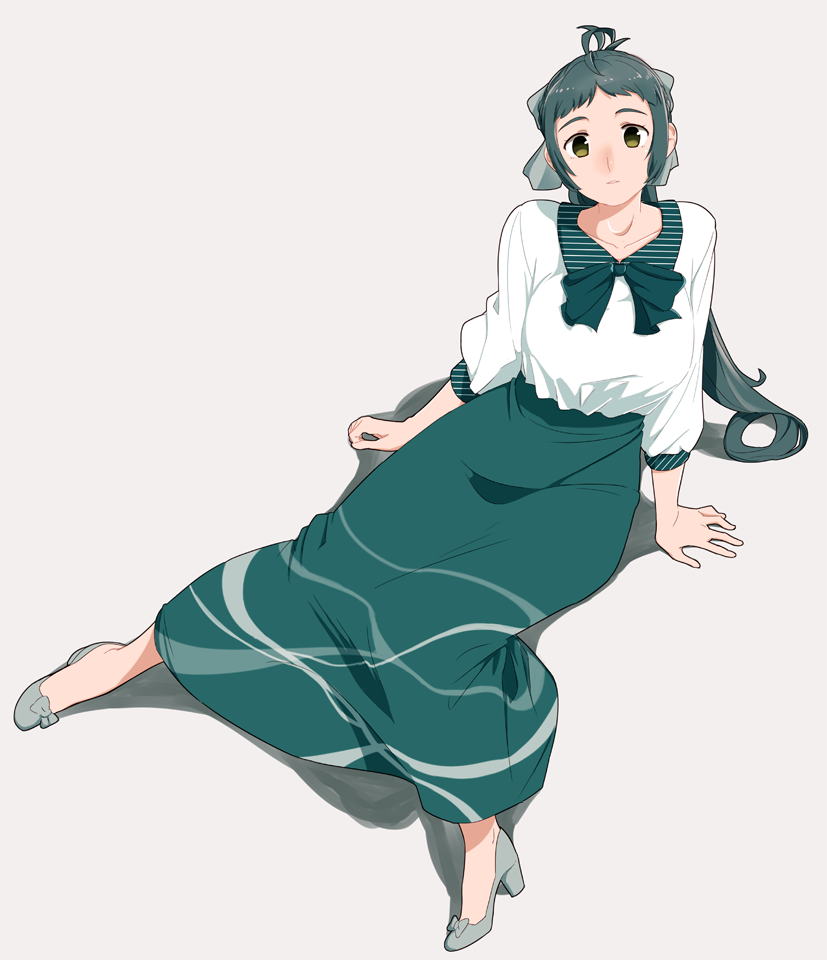 1girl alternate_costume arm_support dress green_hair grey_shoes high_heels irako_(kantai_collection) kantai_collection long_dress long_hair looking_at_viewer ojipon ponytail shoes simple_background sitting solo white_background yellow_eyes