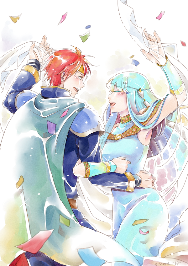 1boy 1girl :d aqua_detached_sleeves aqua_dress aqua_hair arm_hug arm_up armor bare_shoulders belt blue_eyes blush bracelet cape clenched_hand closed_eyes couple dancing depth_of_field detached_sleeves dress eliwood eliwood_(fire_emblem) fire_emblem fire_emblem:_rekka_no_ken hair_ornament hand_on_another's_hip hand_on_another's_waist happy hetero highres jewelry long_dress long_hair long_sleeves looking_at_another ninian nintendo open_mouth red_eyes redhead round_teeth shiny shiny_hair short_hair silver_hair sleeveless sleeveless_dress smile teeth tiara veil