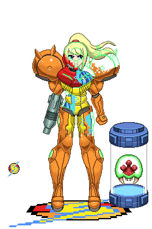 1girl alien arm_cannon armor arms_at_sides blonde_hair blue_eyes bodysuit closed_mouth full_body logo long_hair looking_to_the_side mark_(mark_apilado_5) materializing metroid metroid_(creature) pixel_art ponytail power_armor power_suit serious shoulder_pads simple_background standing varia_suit weapon white_background zero_suit