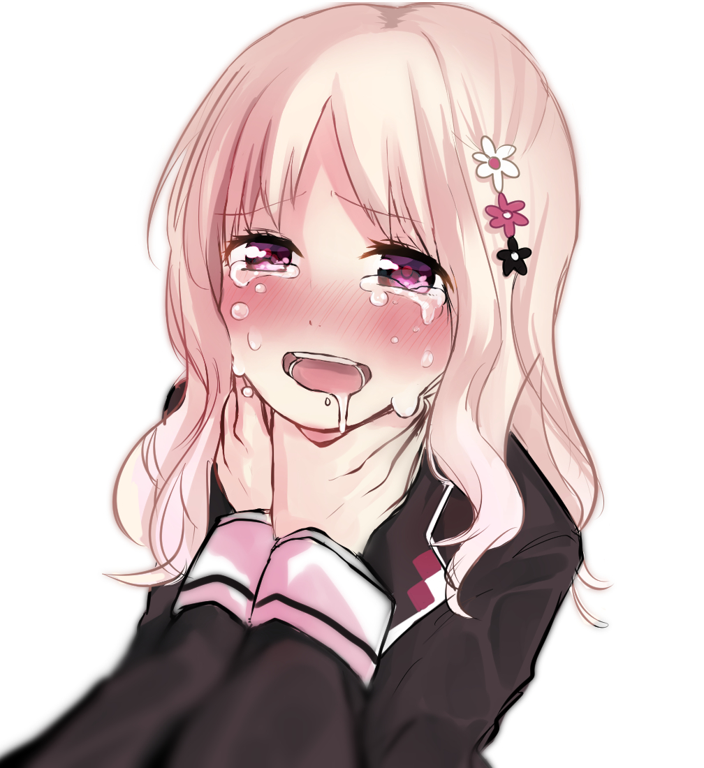 1girl artist_request bangs black_shirt blonde_hair blush crying crying_with_eyes_open diabolik_lovers drooling eyebrows_visible_through_hair flower hair_flower hair_ornament hands_on_another's_neck hands_up komori_yui long_hair long_sleeves looking_at_viewer nose_blush open_mouth saliva saliva_trail school_uniform shirt simple_background smile solo strangling tears teeth upper_body violet_eyes white_background