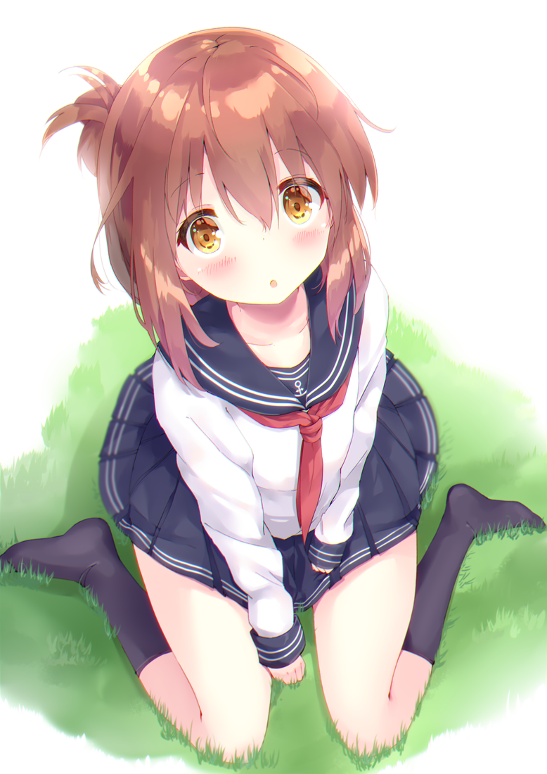 1girl black_legwear black_sailor_collar black_skirt brown_eyes brown_hair eyebrows_visible_through_hair folded_ponytail hair_between_eyes hamaru_(s5625t) inazuma_(kantai_collection) kantai_collection long_sleeves neckerchief open_mouth pleated_skirt red_neckerchief sailor_collar school_uniform serafuku short_hair sitting skirt solo wariza