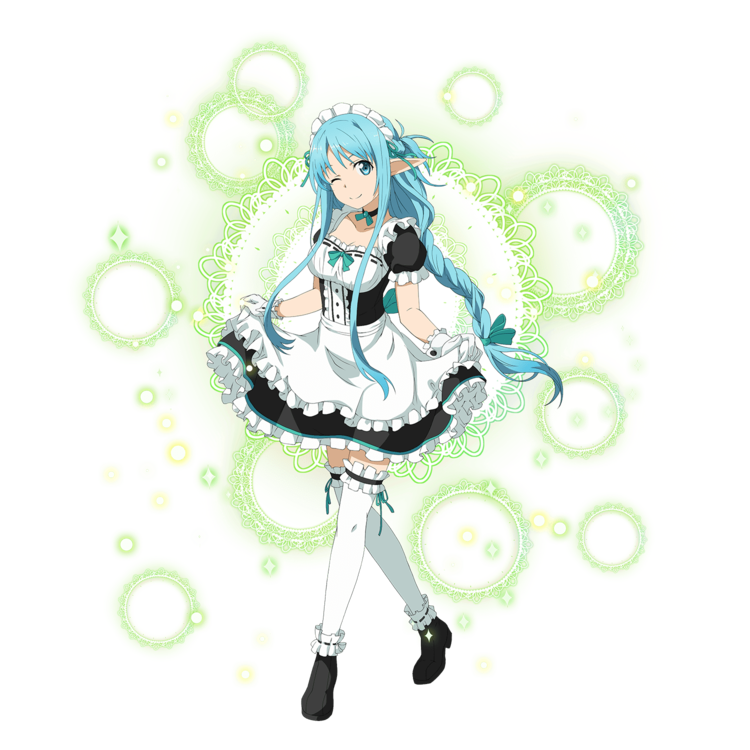 1girl ;) apron asuna_(sao-alo) black_dress blue_eyes blue_hair bow braid breasts choker cleavage collarbone dress floating_hair frilled_dress frills full_body garters gloves green_bow hair_bow long_hair low-tied_long_hair maid_headdress medium_breasts one_eye_closed pointy_ears short_hair skirt_hold smile solo standing sword_art_online thigh-highs transparent_background very_long_hair white_apron white_gloves white_legwear