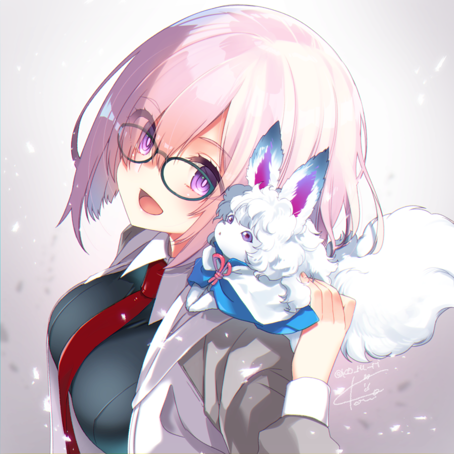 1girl :d animal animal_on_shoulder black_dress dress eyes_visible_through_hair fate/grand_order fate_(series) fou_(fate/grand_order) glasses hair_over_one_eye jacket ko_ru_ri looking_at_another necktie open_mouth purple_hair shielder_(fate/grand_order) short_hair simple_background smile solo violet_eyes