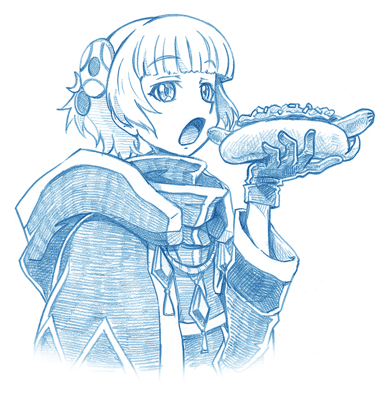 1girl bangs bbb_(friskuser) blunt_bangs cloak commentary_request eyebrows_visible_through_hair food gloves greyscale hair_ornament holding holding_food hood hood_down hooded_cloak hot_dog looking_at_viewer meteora_osterreich monochrome open_mouth ponytail re:creators solo upper_body white_background