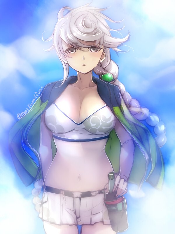 1girl asymmetrical_hair blue_background braid breasts cape cloud_print cowboy_shot crop_top gradient gradient_background jitome kantai_collection large_breasts long_hair looking_at_viewer midriff miniskirt navel parted_lips pleated_skirt primary_stage silver_hair single_braid skirt thigh-highs twitter_username unryuu_(kantai_collection) very_long_hair wavy_hair yellow_eyes
