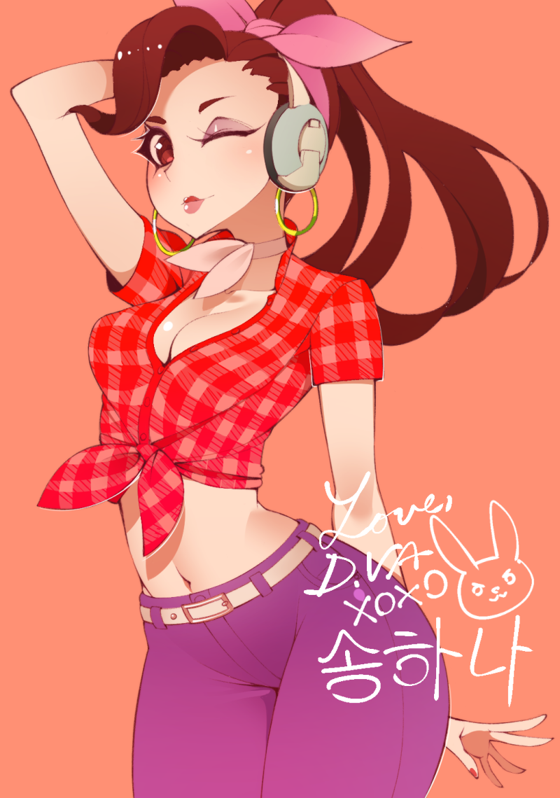 1girl ;) arm_up belt bow breasts brown_eyes brown_hair cleavage collared_shirt cowboy_shot cruiser_d.va d.va_(overwatch) denim earrings hair_bow halphelt headphones hips hoop_earrings jeans jewelry korean lipstick long_hair looking_at_viewer makeup mascara midriff nail_polish navel one_eye_closed overwatch pants pink_bow plaid plaid_shirt ponytail rabbit red_nails shirt short_sleeves signature smile solo text tied_shirt unbuttoned unbuttoned_shirt