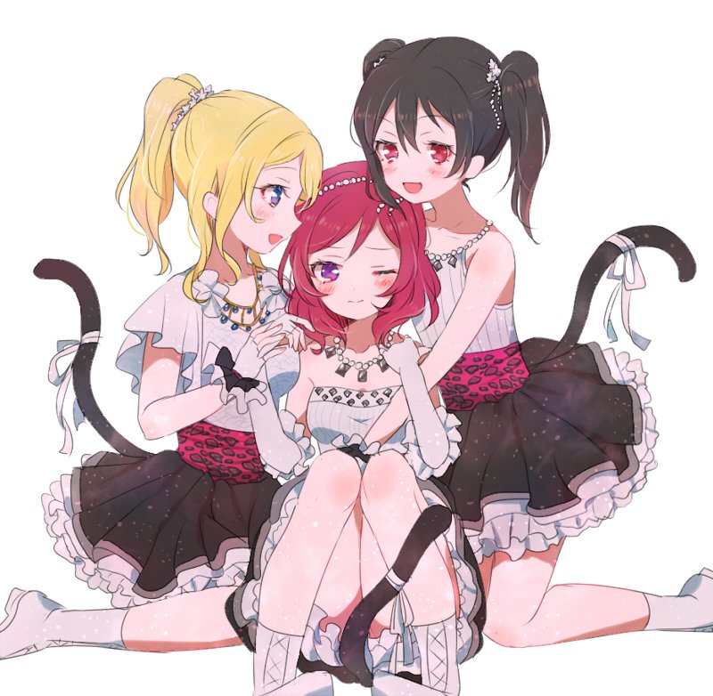 &gt;:d 299_(horisso) 3girls :d animal_print ayase_eli bangs between_legs bibi_(love_live!) black_hair blonde_hair blue_eyes blush boots bow cat_tail elbow_gloves fingerless_gloves frilled_gloves frills girl_sandwich gloves jewelry kneeling knees_together_feet_apart leopard_print love_live! love_live!_school_idol_project multiple_girls necklace nishikino_maki one_eye_closed open_mouth petticoat red_eyes redhead sandwiched sash short_sleeves simple_background sitting skirt sleeveless smile strapless tail tail_between_legs tail_bow twintails violet_eyes white_background yazawa_nico
