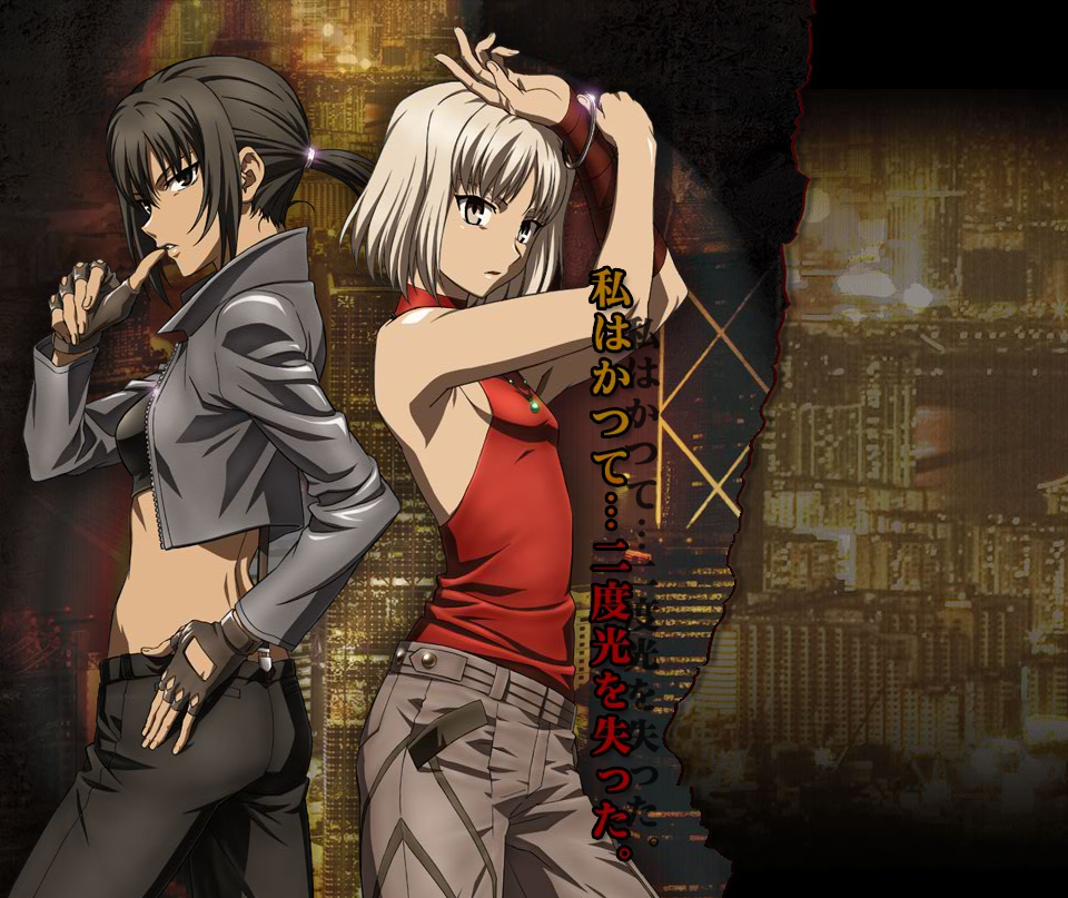 428 alphard androgynous armpits back back-to-back bare_shoulders biting black_eyes black_hair blonde_hair bracelet brown_eyes canaan canaan_(character) crop_top detached_sleeves finger_biting fingerless_gloves flat_chest gloves grey_eyes hand_on_hip jacket jewelry midriff multiple_girls necklace no_bra official_art pants ponytail short_hair silver_eyes silver_hair sleeveless sleeveless_turtleneck takeuchi_takashi turtleneck