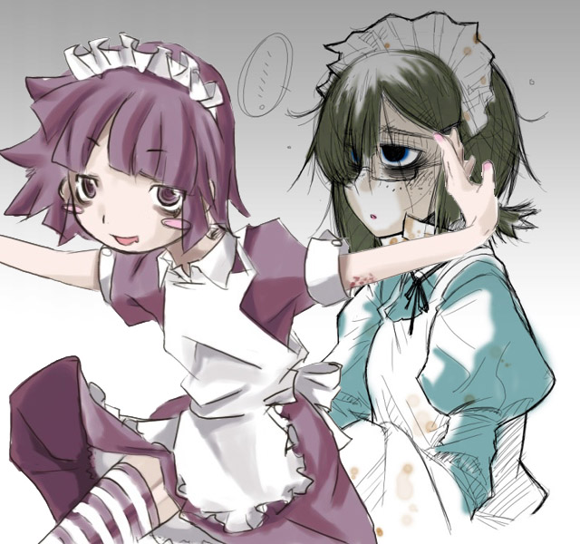 blue_eyes blush_stickers freckles futaba_channel glasses green_hair hikki maid messy_hair multiple_girls nijiura_maids purple_eyes purple_hair striped striped_legwear thighhighs yakui