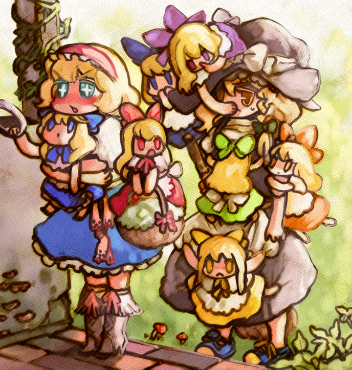 alice_margatroid bad_id blonde_hair blue_eyes blush chibi doll dolls hairband hat kirisame_marisa long_hair ribbon ribbons ruto_(petatann) short_hair touhou witch yellow_eyes