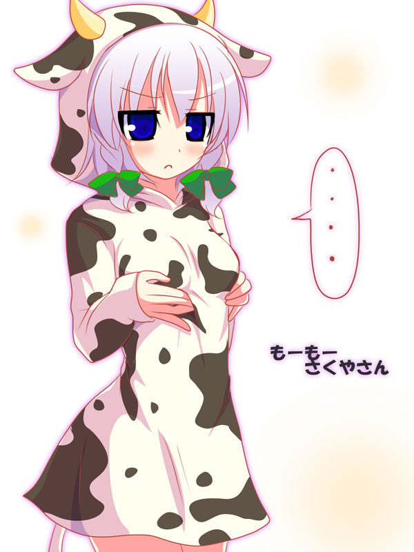 ... animal_costume annoyed blue_eyes bow braid breast_squeeze breasts costume cow cow_costume frown hair_bow izayoi_sakuya niwatoriya short_hair silver_hair tail touhou translated twin_braids