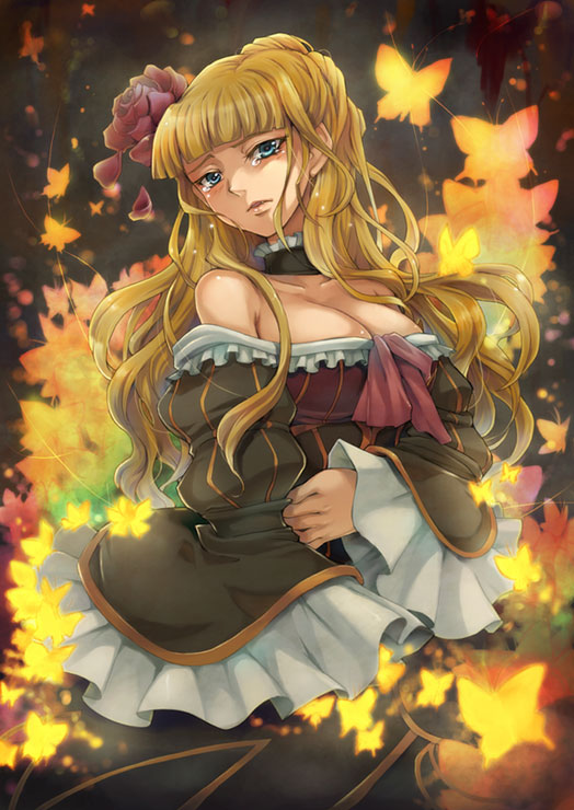 beatrice blonde_hair blue_eyes blush breasts butterfly cleavage flower hair_ornament ribbon tears umineko_no_naku_koro_ni yukitsuki_hisa